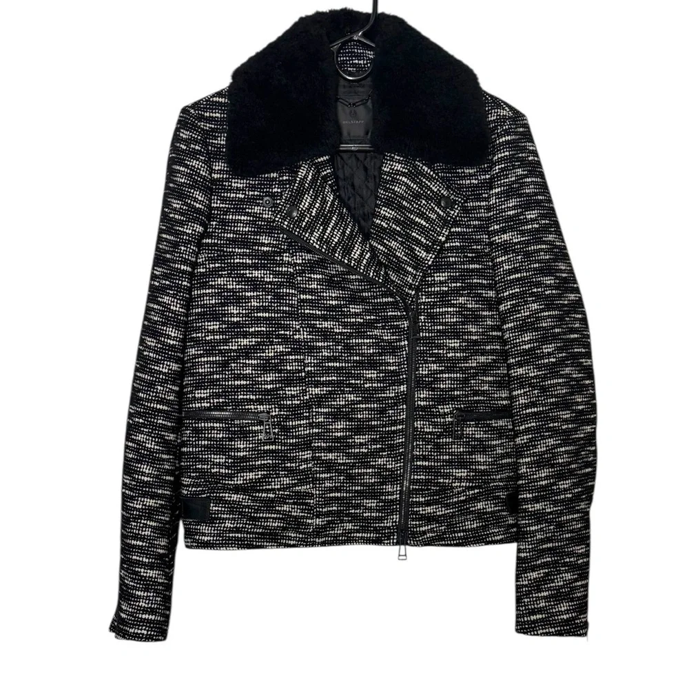 Belstaff Jacket Size Small Black White Wool Blend Shearling Collar Moto - Picture 1 of 16